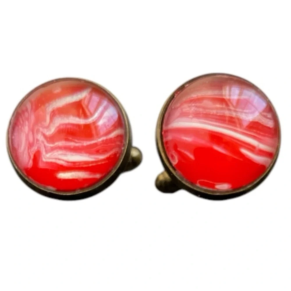 Handmade Red Fluid Art Glass Cabochon Cufflinks Brass Setting by Svetlana Yeung